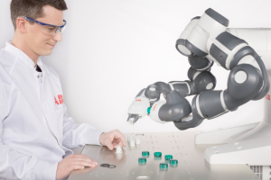 The robot can safely work side-by-side on the same tasks as humans without needing protective barriers or safety zones.